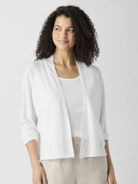 Eileen Fisher Organic Cotton White Open-Front Shawl-Collar Cardigan